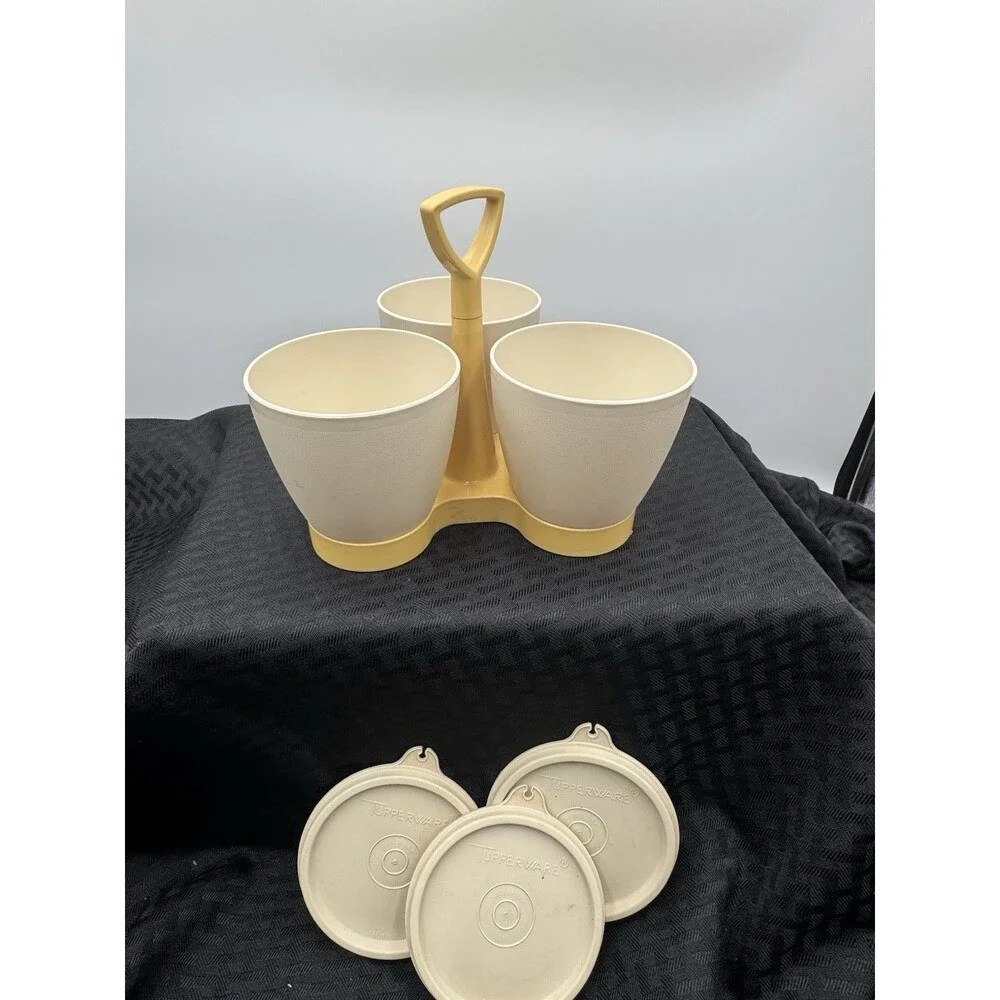 Vintage Tupperware 757-15 Condiment Serving Caddy Tan 3 Containers With Lids